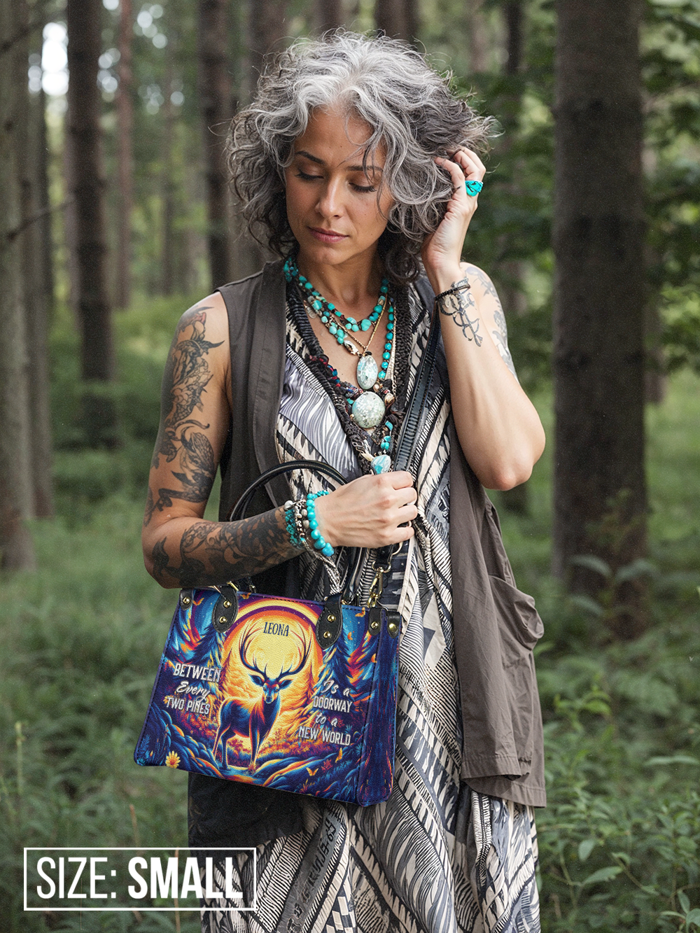 Between Every Two Pines Is A Doorway To A New World Deer Jungle HTRZ27125478DE Leather Bag