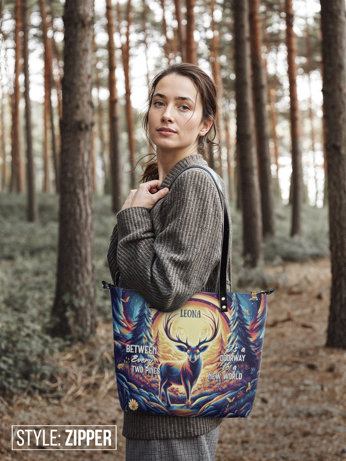 Between Every Two Pines Is A Doorway To A New World Deer Jungle HTRZ30127054QX Leather Tote Bag