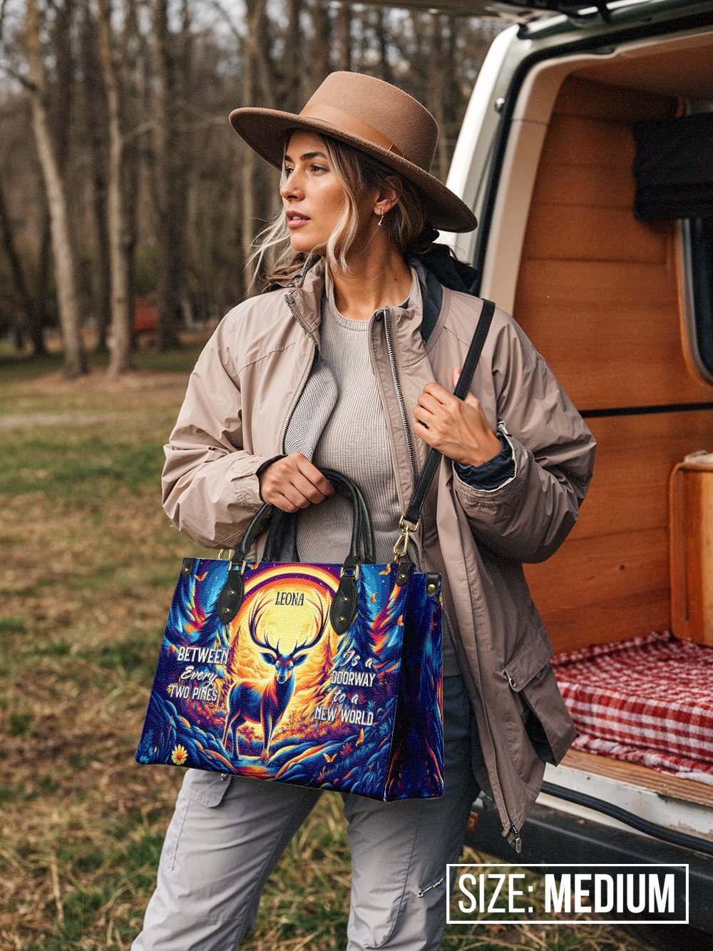 Between Every Two Pines Is A Doorway To A New World Deer Jungle HTRZ27125478DE Leather Bag