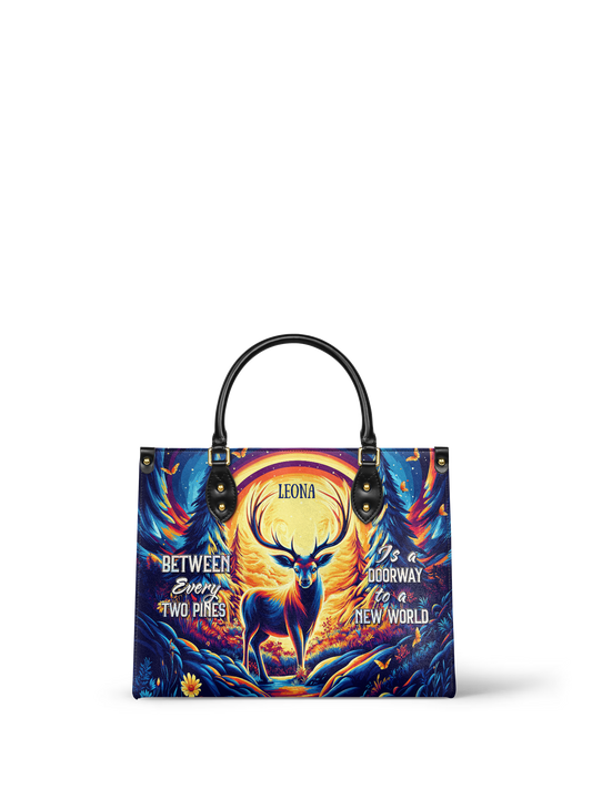 Between Every Two Pines Is A Doorway To A New World Deer Jungle HTRZ27125478DE Leather Bag