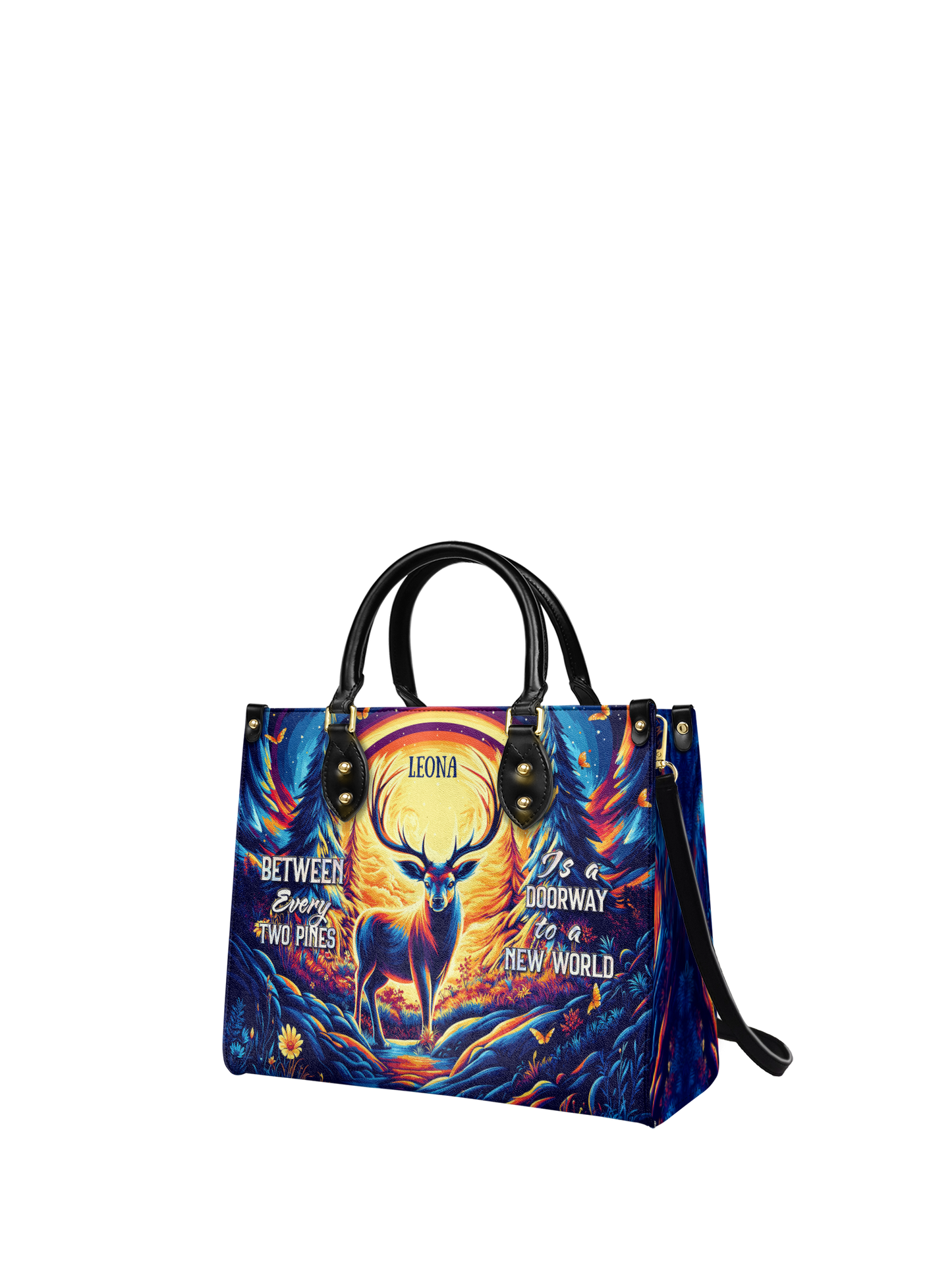 Between Every Two Pines Is A Doorway To A New World Deer Jungle HTRZ27125478DE Leather Bag