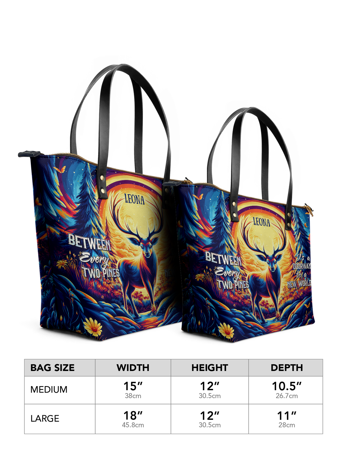 Between Every Two Pines Is A Doorway To A New World Deer Jungle HTRZ30127054QX Leather Tote Bag