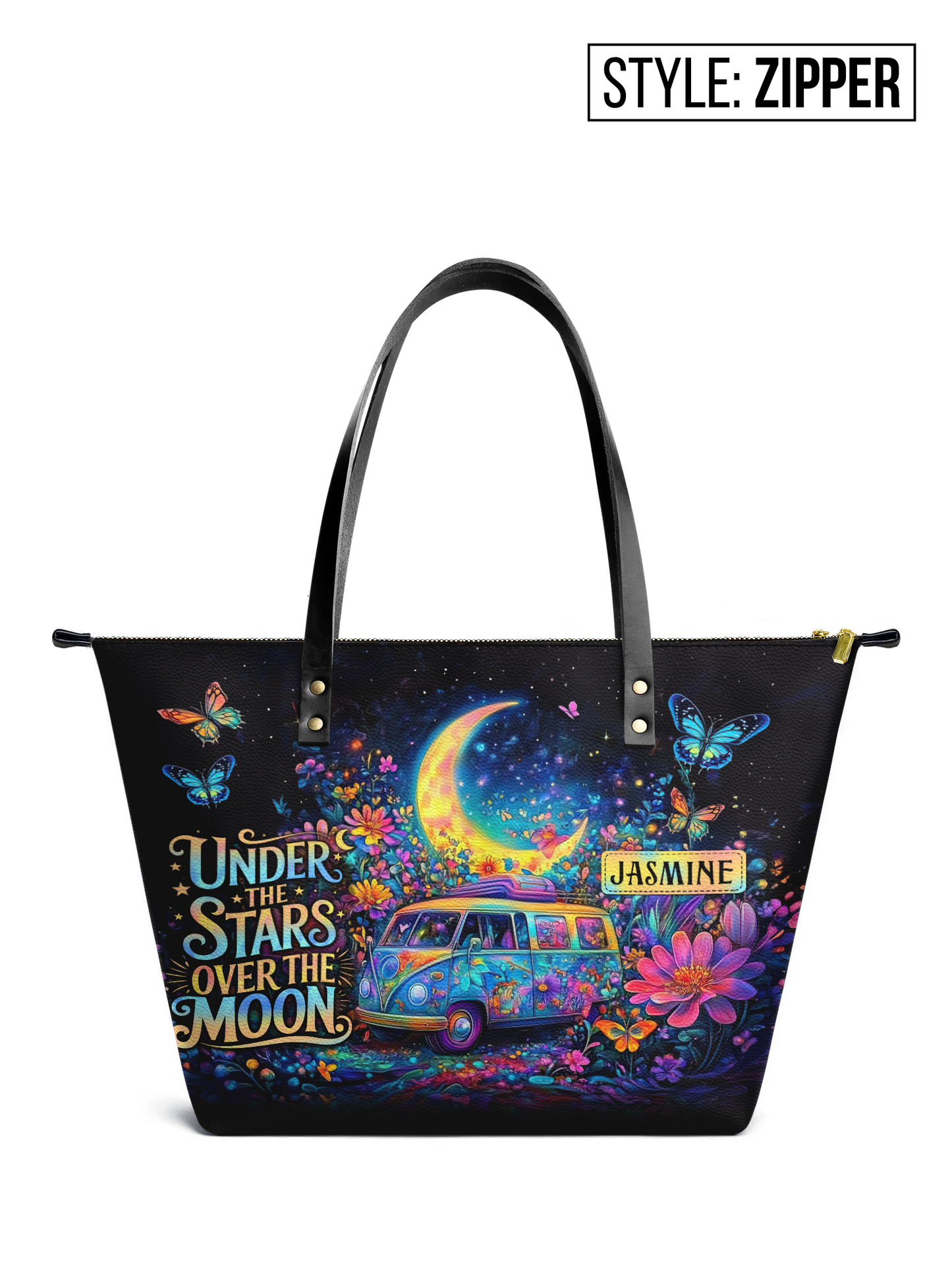Under The Stars Over The Moon RV Van HHRZ07019230AY Leather Tote Bag