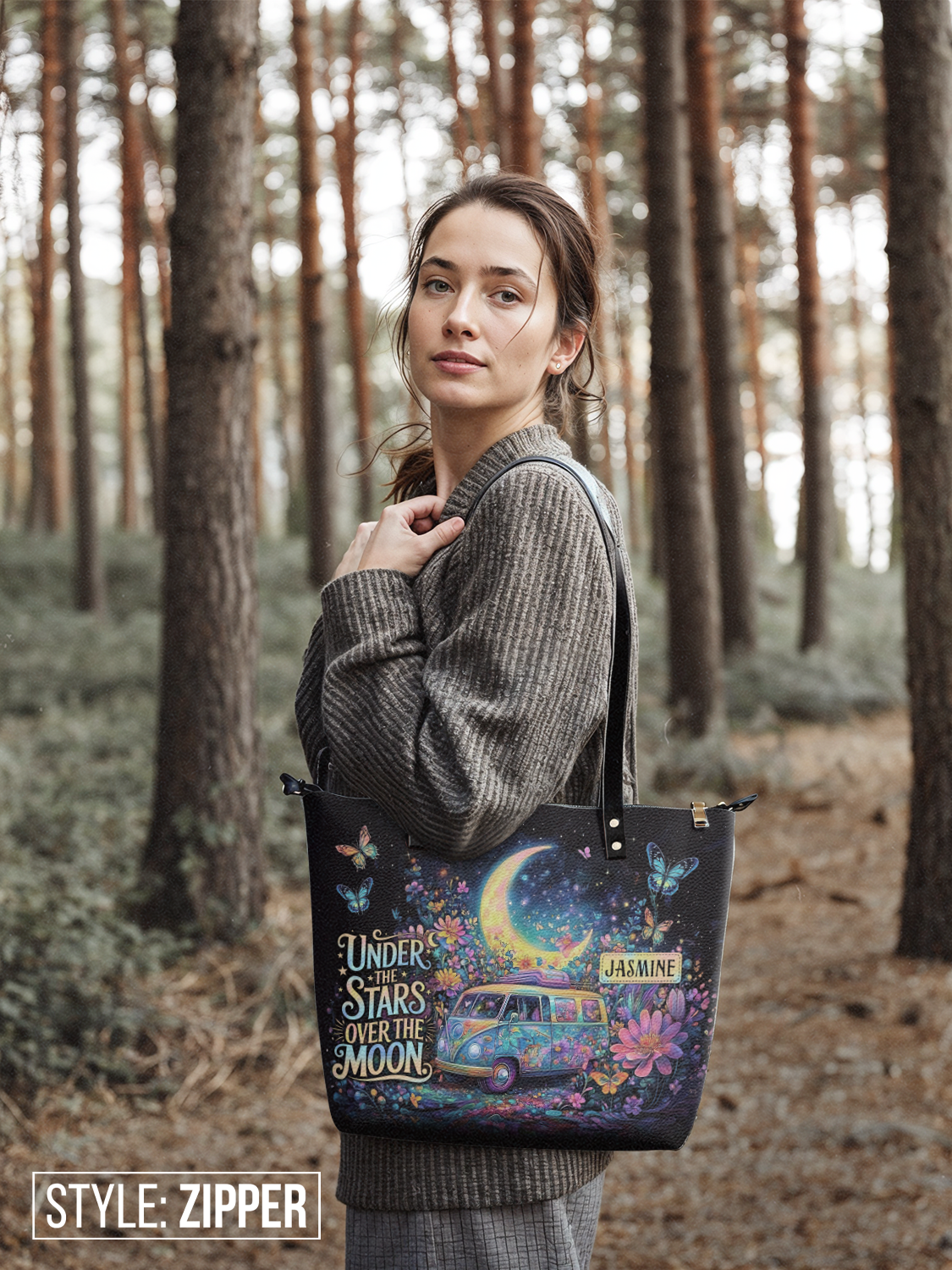 Under The Stars Over The Moon RV Van HHRZ07019230AY Leather Tote Bag