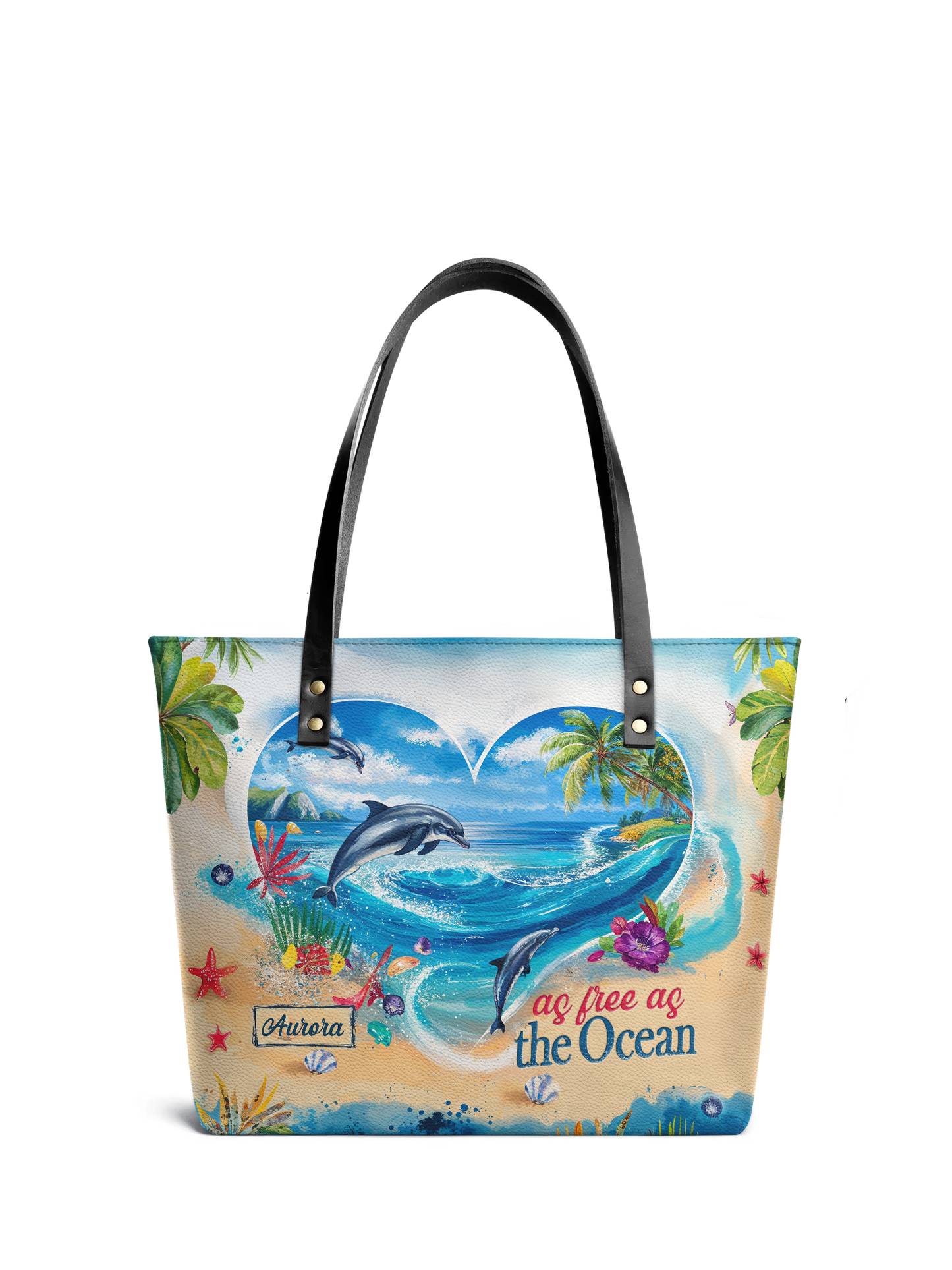 Dolphin As Free As The Ocean Dolphin Beach HTRZ30120251DZ Leather Tote Bag