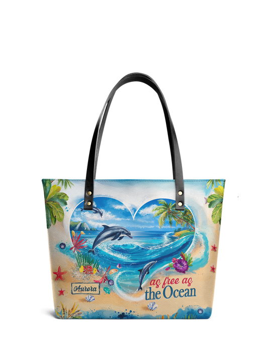 Dolphin As Free As The Ocean Dolphin Beach HTRZ30120251DZ Leather Tote Bag