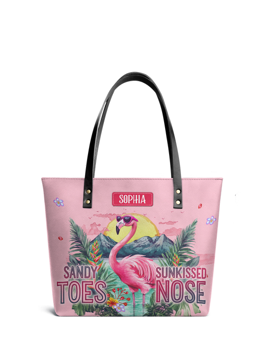 Sandy Toes Sunkissed Nose Flamingo Beach HHRZ07019274NY Leather Tote Bag