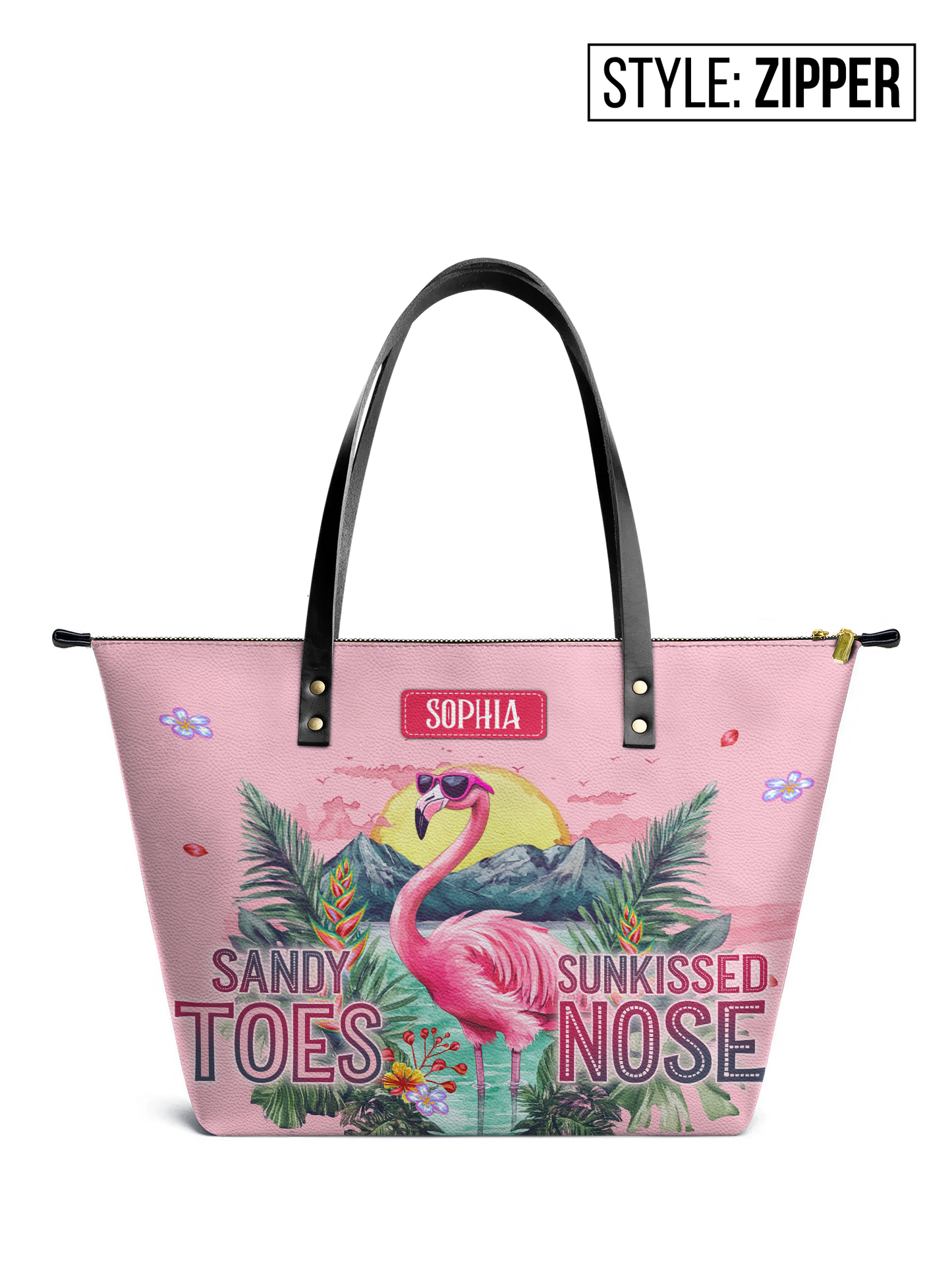 Sandy Toes Sunkissed Nose Flamingo Beach HHRZ07019274NY Leather Tote Bag