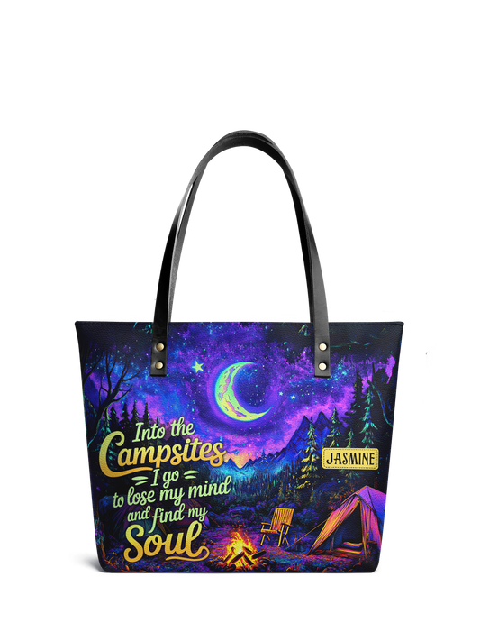 Into The Campsites I Go To Lose My Mind And Find My Soul Campfire Jungle HHRZ07012525KR Leather Tote Bag