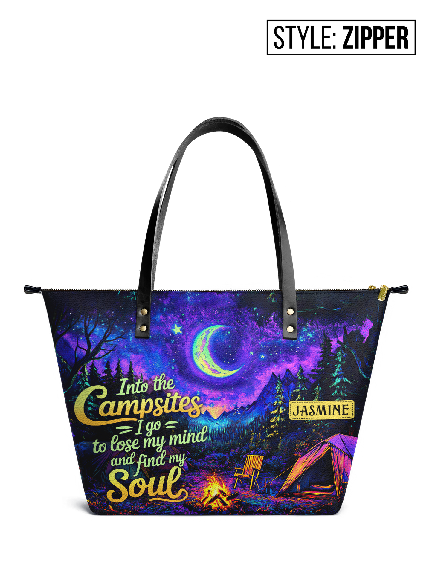 Into The Campsites I Go To Lose My Mind And Find My Soul Campfire Jungle HHRZ07012525KR Leather Tote Bag