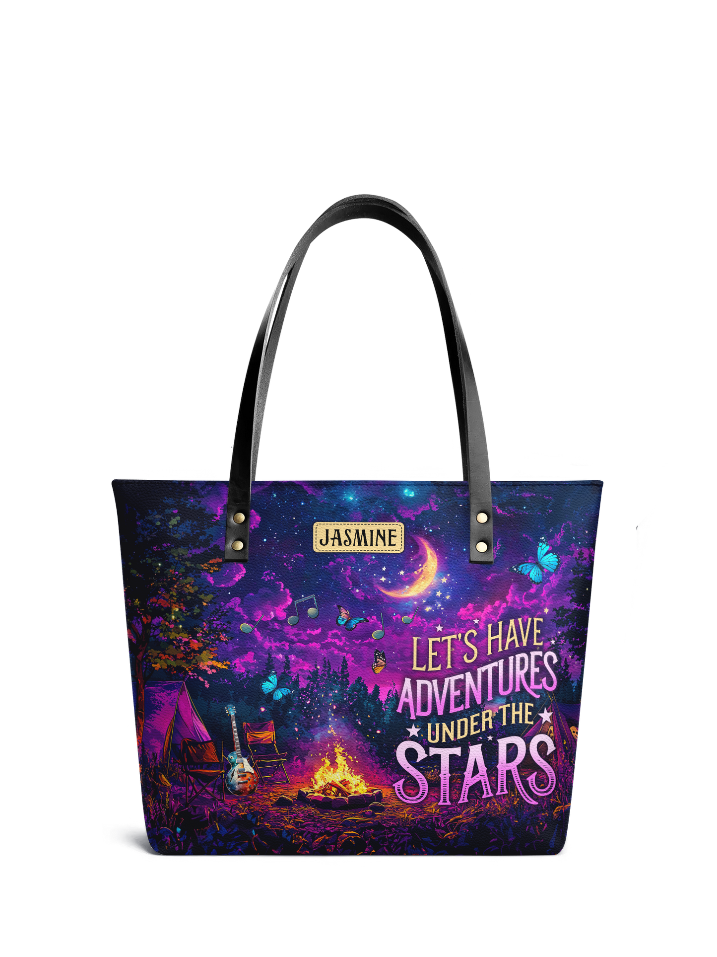 Lets Have Adventures Under The Stars Campfire Jungle HHRZ07011820WX Leather Tote Bag