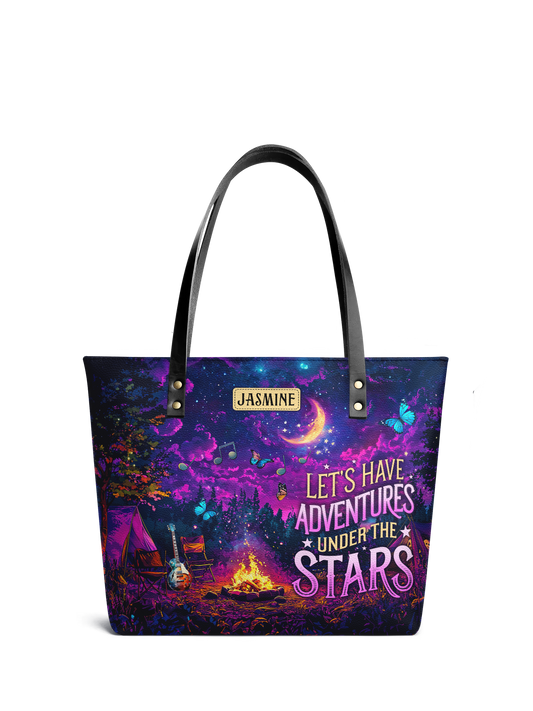 Lets Have Adventures Under The Stars Campfire Jungle HHRZ07011820WX Leather Tote Bag