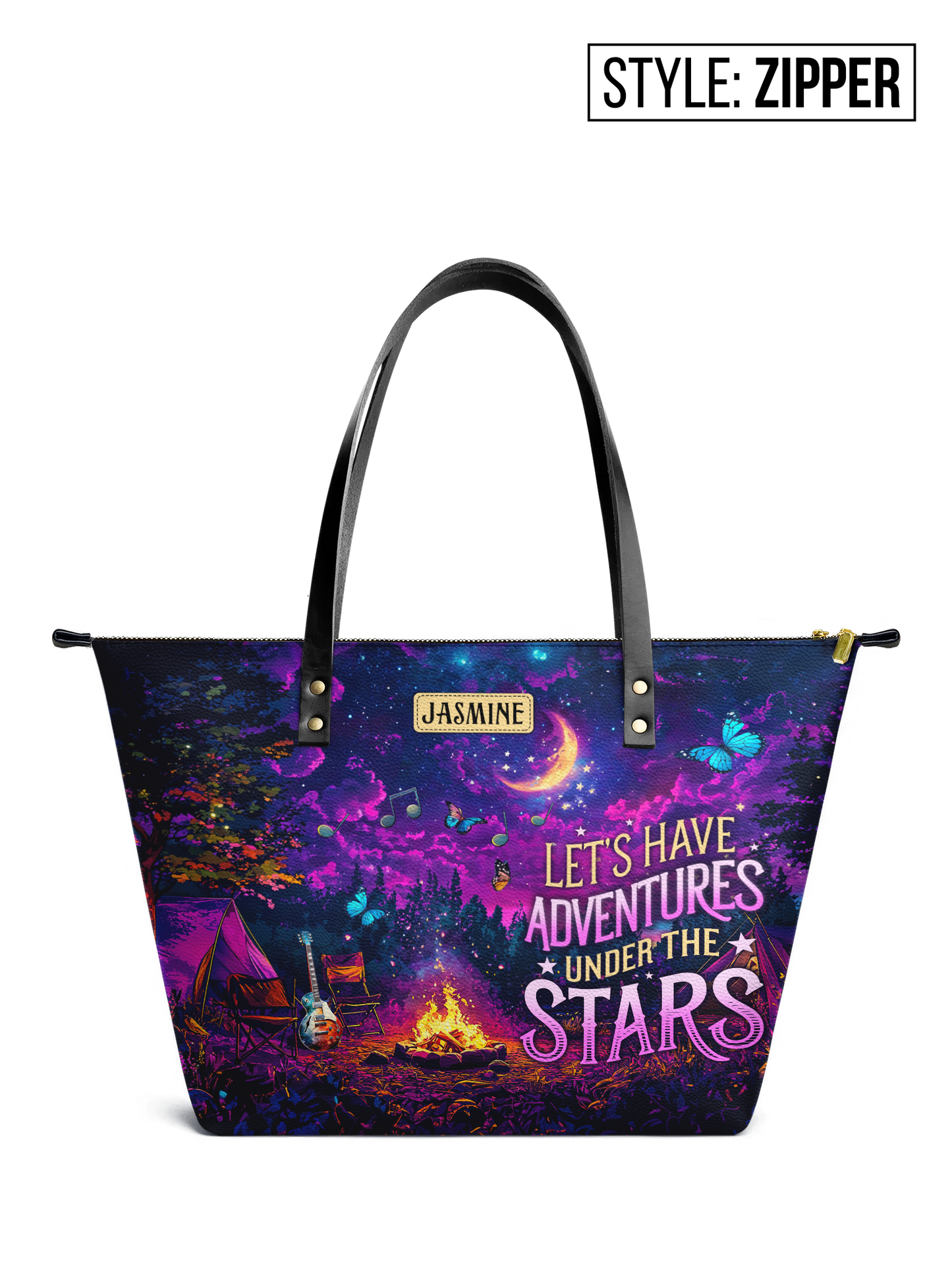 Lets Have Adventures Under The Stars Campfire Jungle HHRZ07011820WX Leather Tote Bag