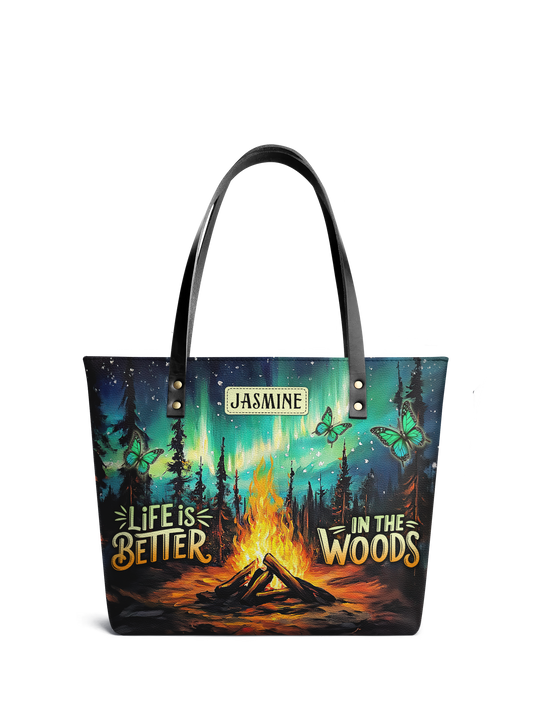 Life Is Better In The Woods Campfire Jungle HHRZ07011745WL Leather Tote Bag