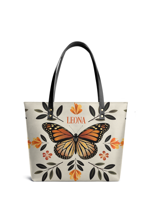 Minimalist Butterfly Flower HTRZ30123304BK Leather Tote Bag