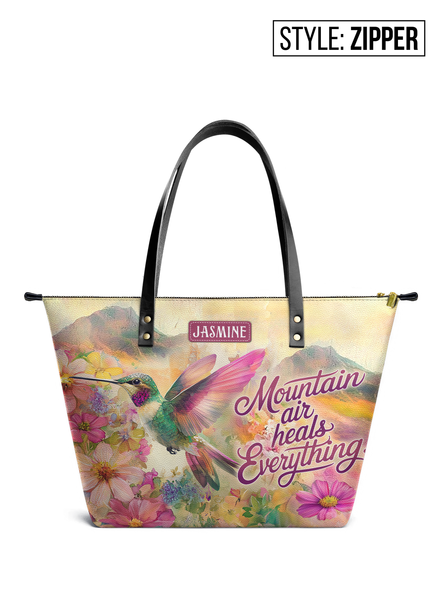 Mountain Air Heals Everything Hummingbird HHRZ07014771FN Leather Tote Bag