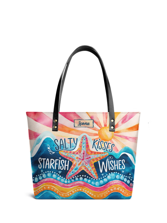 Salty Kisses Starfish Wishes Beach HTRZ30125241HF Leather Tote Bag