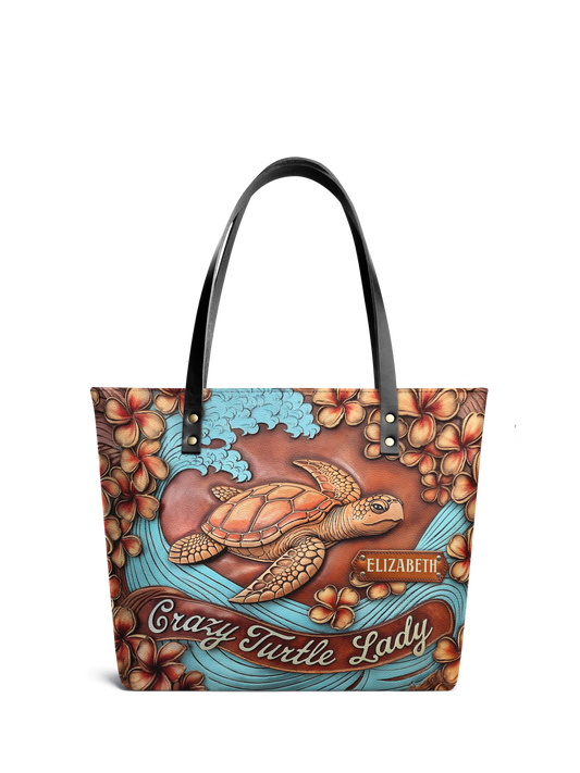 Crazy Turtle Lady Flower Beach ANRZ02018802UT Leather Tote Bag