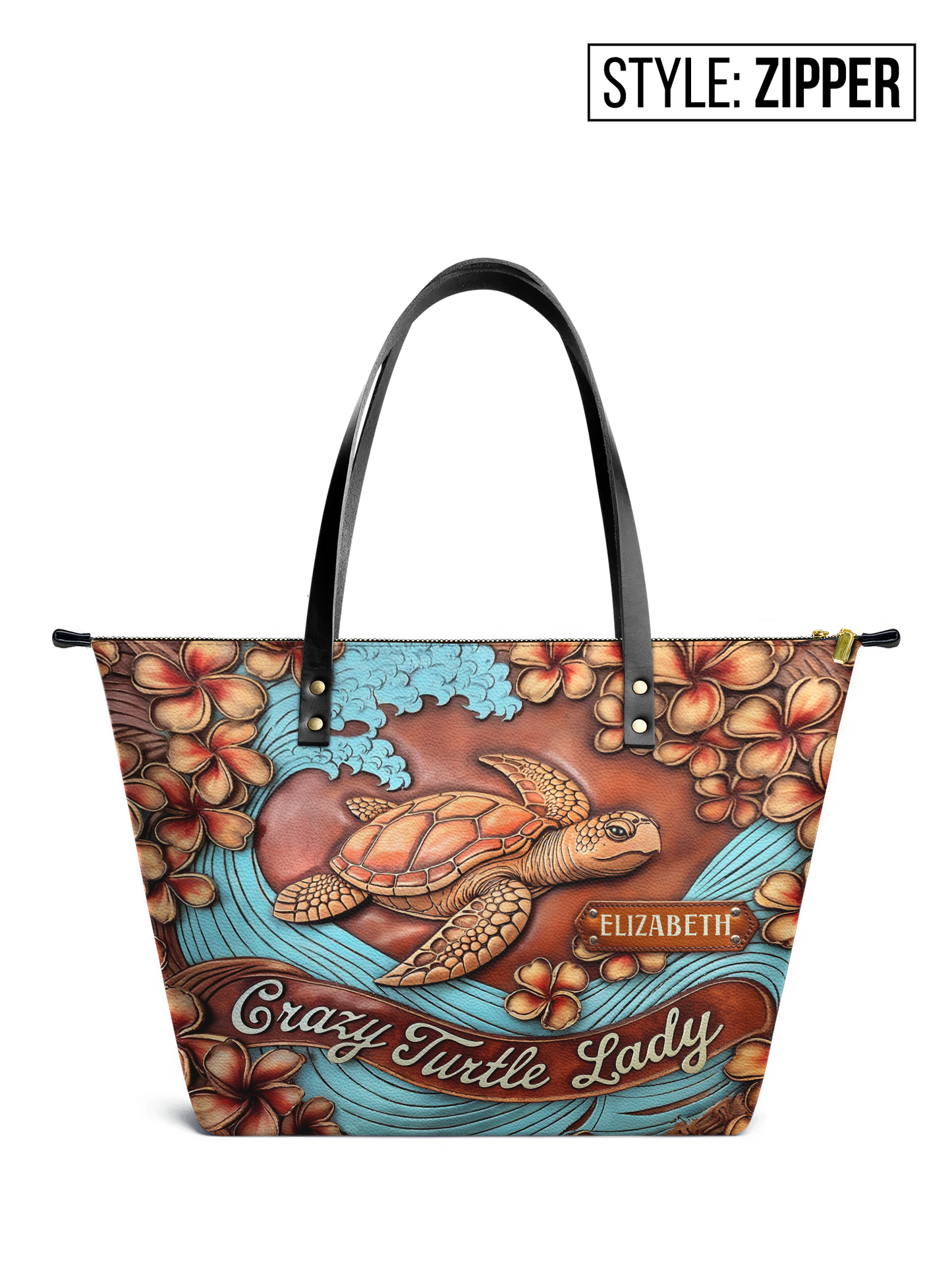 Crazy Turtle Lady Flower Beach ANRZ02018802UT Leather Tote Bag