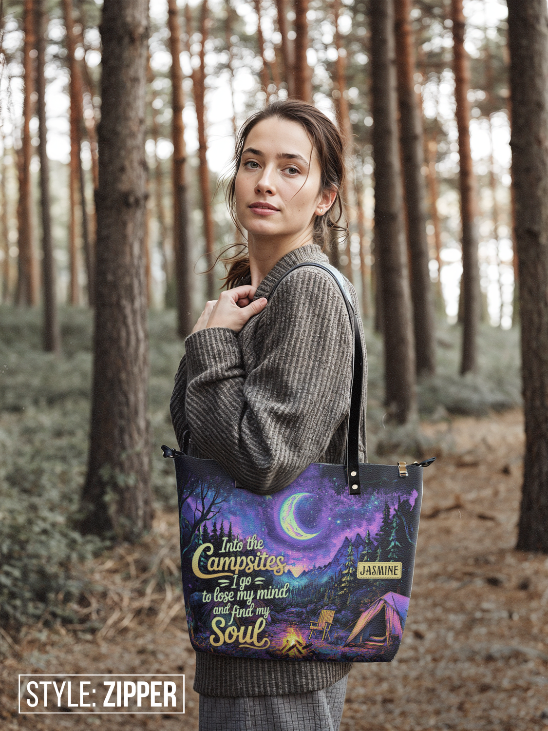 Into The Campsites I Go To Lose My Mind And Find My Soul Campfire Jungle HHRZ07012525KR Leather Tote Bag