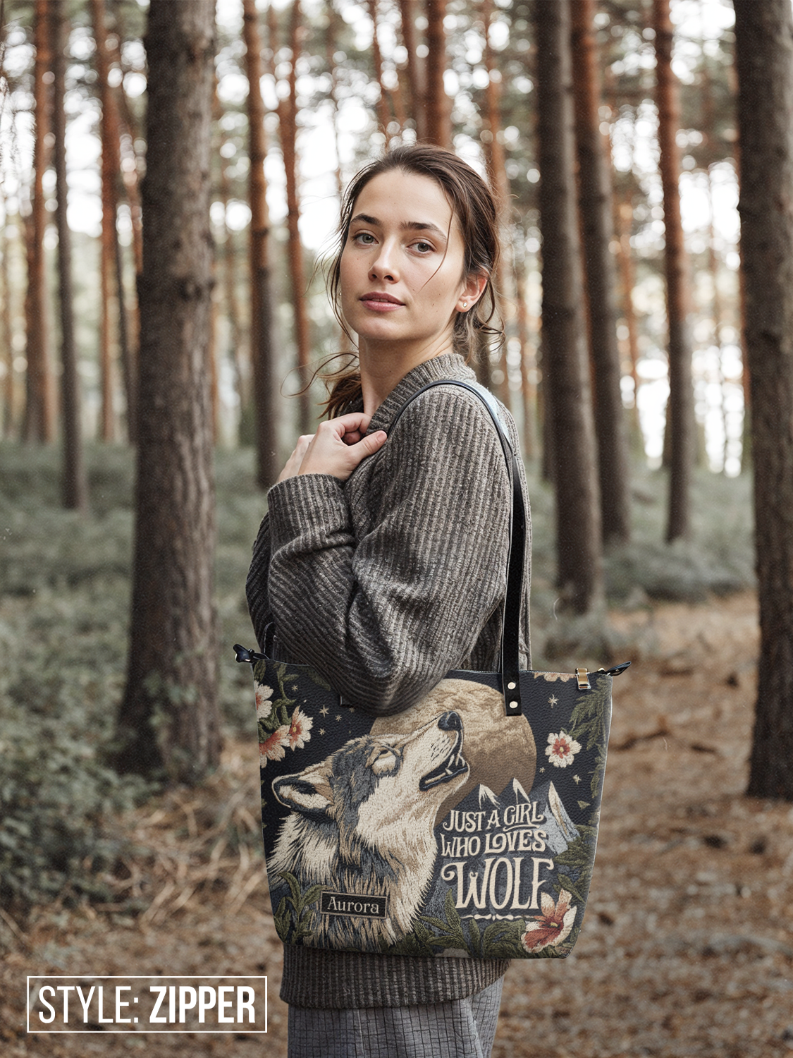 Just A Girl Who Loves Wolf Jungle HTRZ30129748VP Leather Tote Bag