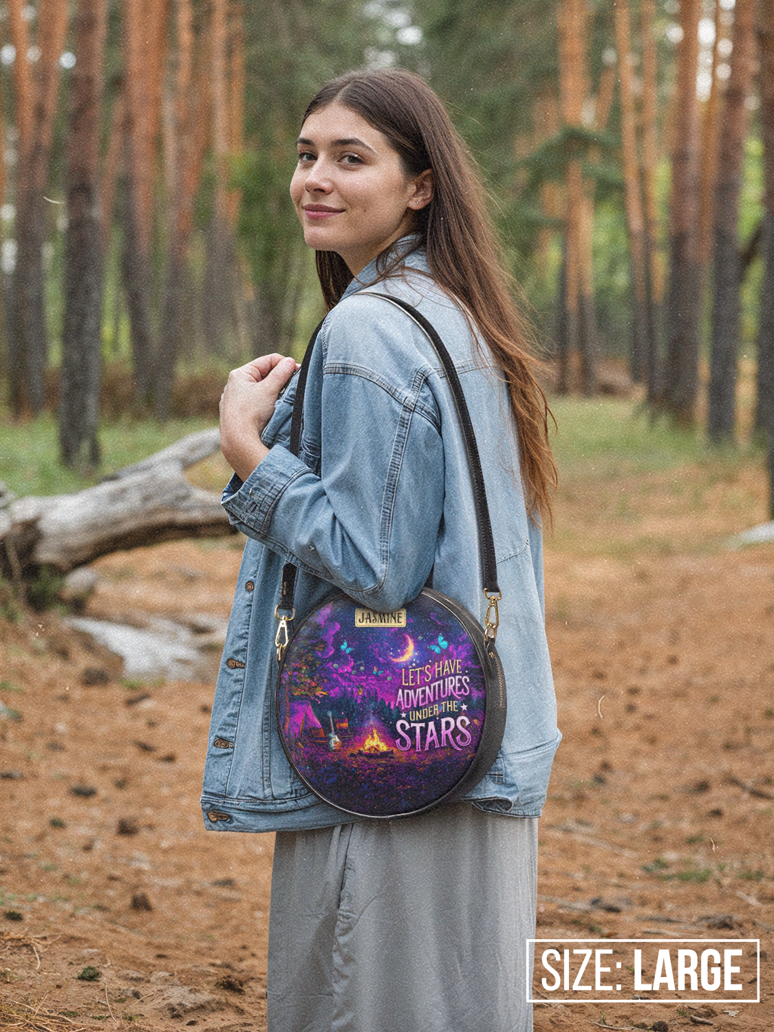 Lets Have Adventures Under The Stars Campfire Jungle HHRZ02013615IR Circle Crossbody Bag