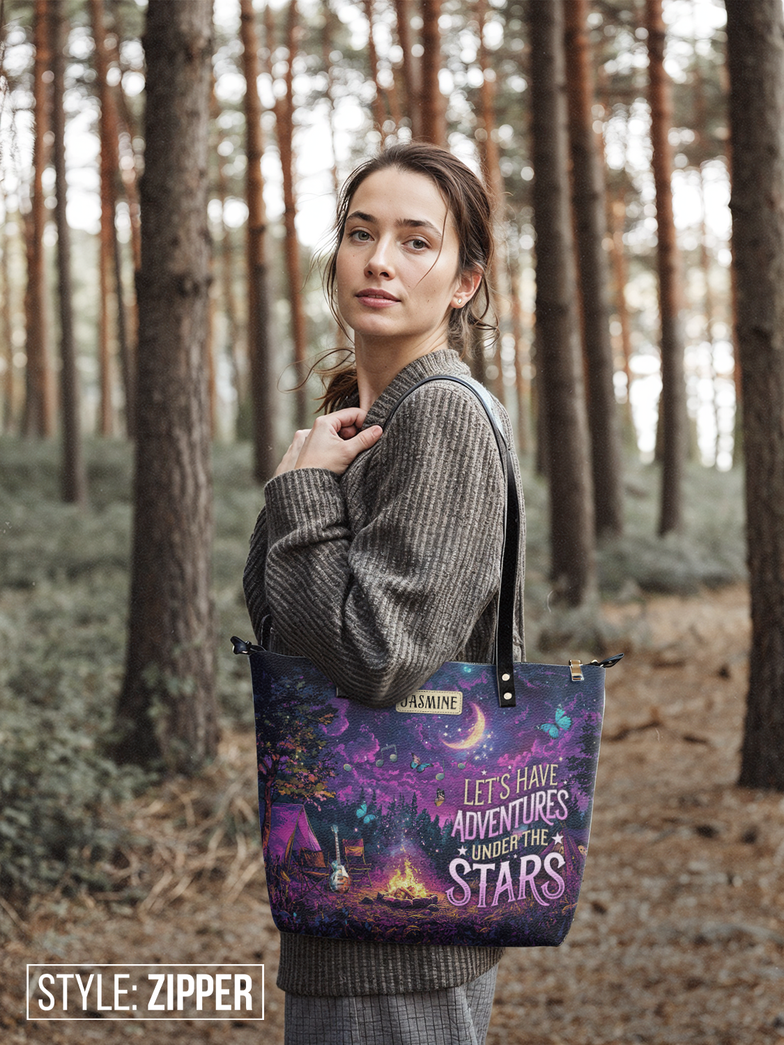 Lets Have Adventures Under The Stars Campfire Jungle HHRZ07011820WX Leather Tote Bag