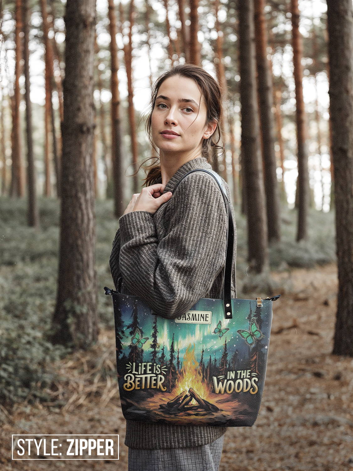 Life Is Better In The Woods Campfire Jungle HHRZ07011745WL Leather Tote Bag