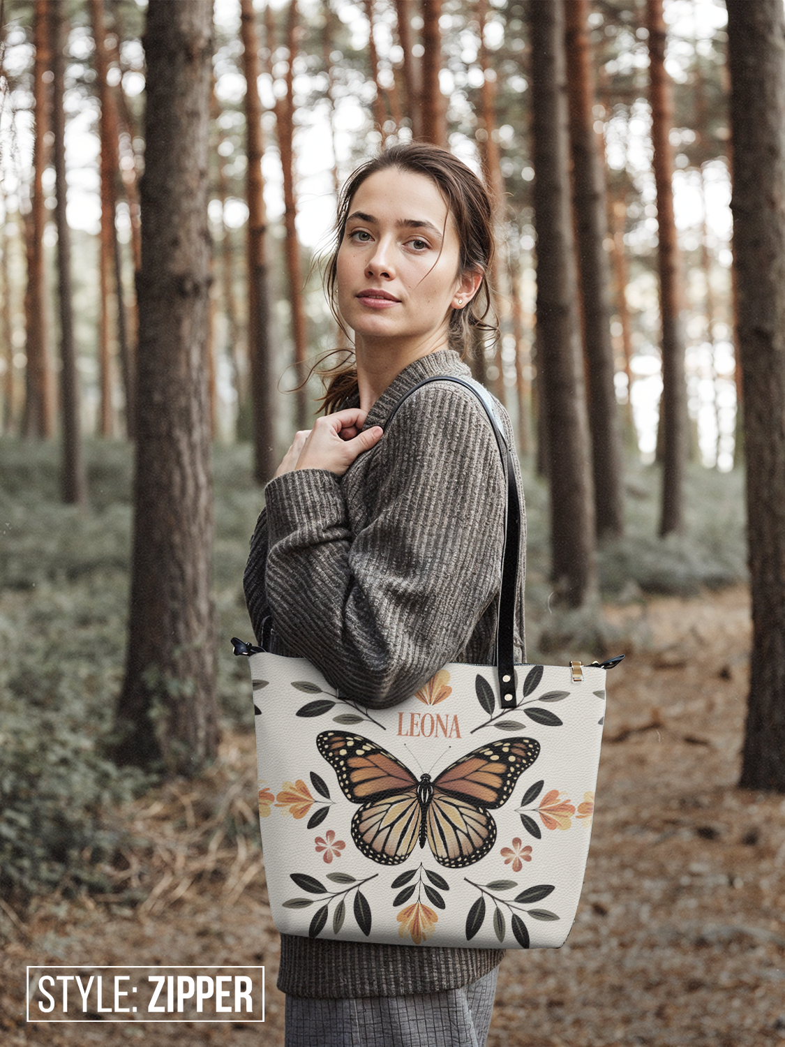 Minimalist Butterfly Flower HTRZ30123304BK Leather Tote Bag