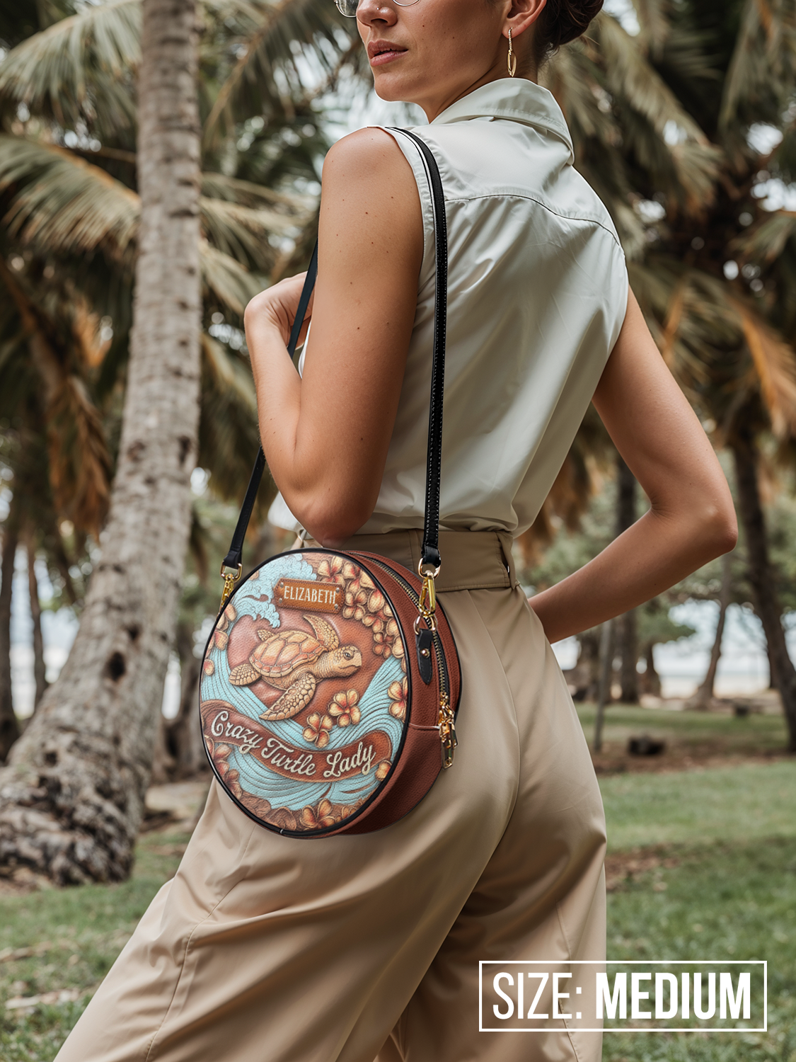 Crazy Turtle Lady Flower Beach HHRZ07015006JF Circle Crossbody Bag